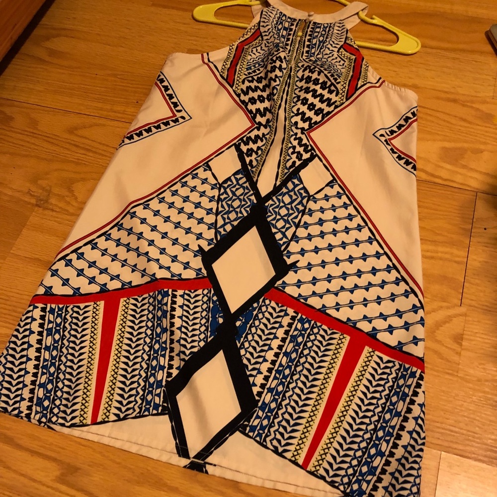Sleeveless Geometric Print Dress in Cream, Blue & Red
